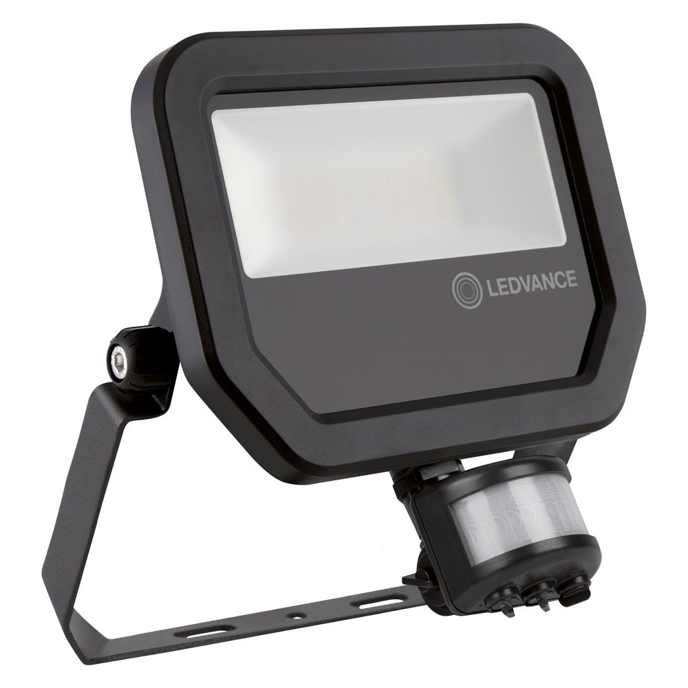 LEDVANCE Floodlight LED-Anbaustrahler, 20W, Konverter, 1LED, 3000K, weiß, 2200lm, Aluminium, IP65, schwarz, mit Bewegungsmelder –