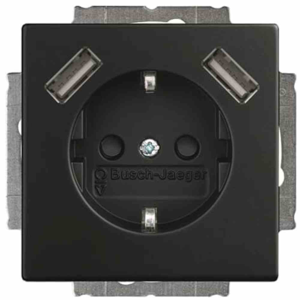 BUSCH-JAEGER Steckdose,1f, schwarz, matt, mit eingebauter USB-Spannungsversorgung, unterputz, mit erhöhtem Berührungsschutz, horizontal – 20 EUCB2USB-885