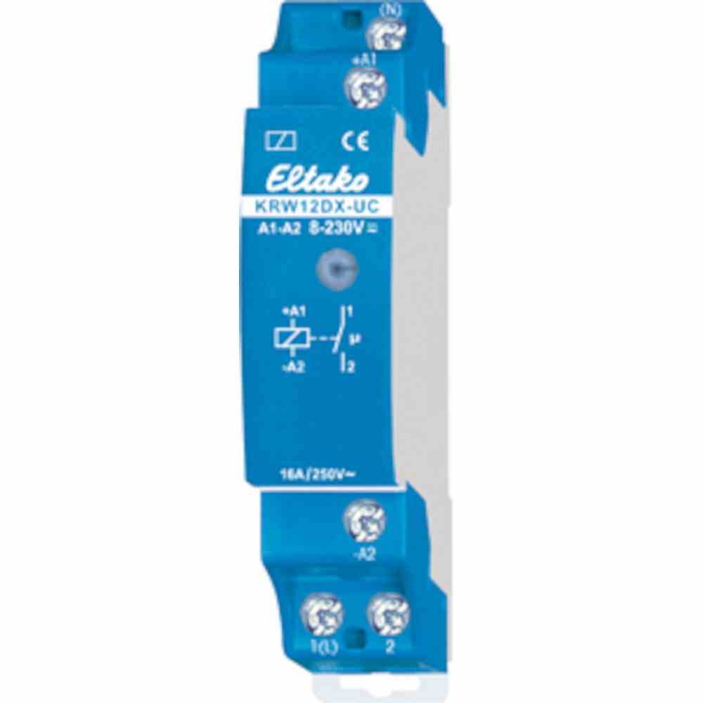 ELTAKO Installationsrelais, 1TE, teilelektronisch, DIN-Schiene, 1S, 8-230V/AC/DC, 16A, 250V, AC – KRW12DX-UC