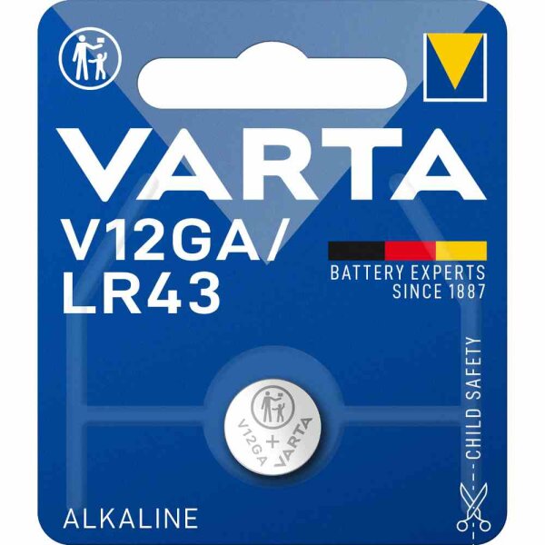 VARTA V12GA Knopfzelle, 1,5V, LR43, Alkali-Mangan, 80mAh, Ø11,6x4,2mm, ELECTRONICS, VE = 1er Blister