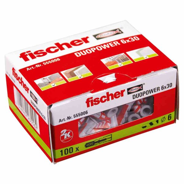 FISCHER Dübel DUOPOWER, Ø6x30mm, Kunststoff, Nylon, 40mm, Ø4-5mm, mit Rand, geeignet für Gasbeton, 100 Stück