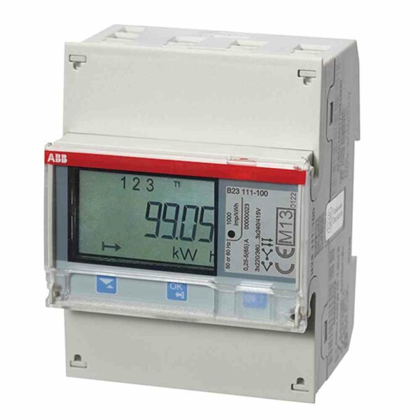 ABB Drehstromzähler, B, 3x65A, elektronisch, digital, geeicht, 5A, 176-276V/N-L, 400V/L-L, Eintarif, 47,5-63Hz, S0, 1kvarh – B23 111-100