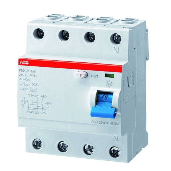 ABB FI-Schutzschalter, A, 4p, 400V, 63A, 0,3A, 4TE, DIN-Schiene(REG), 10kA, 0,25kA/stoß – F204A-63/0,3