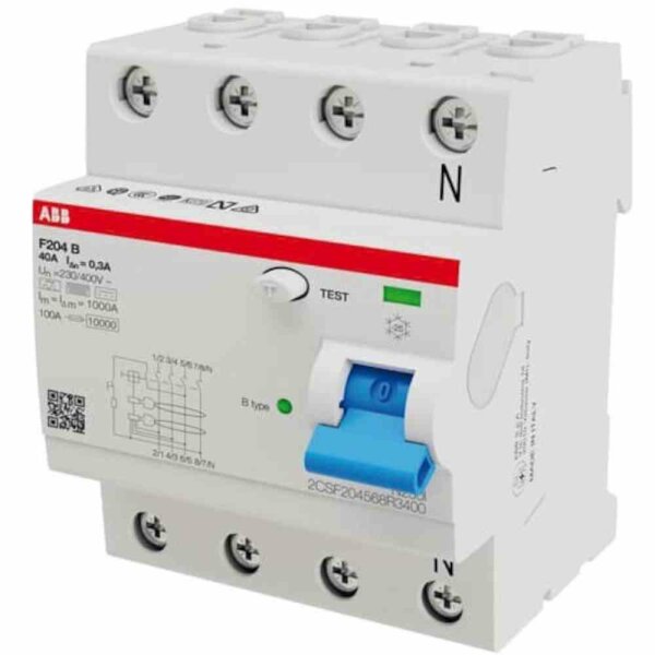 ABB FI-Schutzschalter, B, 4p, 400V, 40A, 0,3A, 4TE, DIN-Schiene(REG), 3kA/stoß – F204B-40/0,3