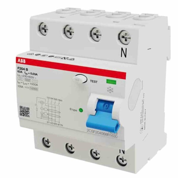 ABB FI-Schutzschalter, B, 4p, 400V, 63A, 0,03A, 4TE, DIN-Schiene(REG), 3kA/stoß – F204B-63/0,03