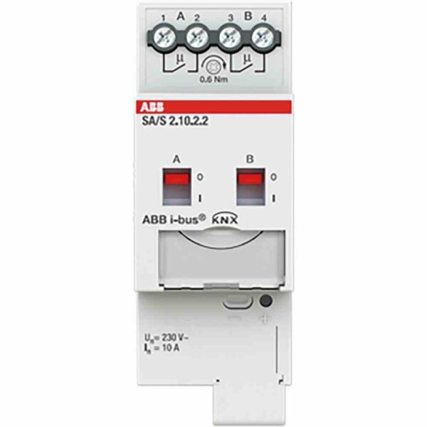 ABB Schaltaktor, Bussystem KNX, REG, 2TE, 2Ausg, 10A, 2500W, 230V, Vor Ort-/Handbedienung – SA/S2.10.2.2