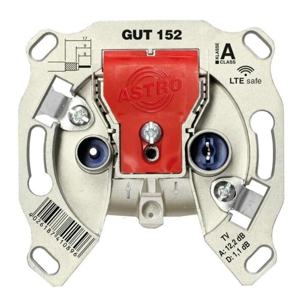 ASTRO GUT 152 BK-Stammleitungs-Anschlussdose, 5-862 MHz, TV-Anschlussdämpfung ca. 12 dB, Durchgangsdämpfung ca. 1 dB, BK-Durchgangsdose, Schraub- und Krallenbefestigung – GUT 152