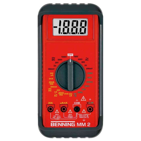 BENNING Multimeter, digital, manuell/automatisch, 750VAC/0,1mV, 1000VDC/0,1mV, 20AAC/0,1µA, 20ADC/0,1µA, 20MOhm, Duchgangsprüfung/Diodentest – BENNING MM 2