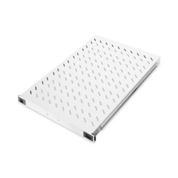 DIGITUS Ausziehbarer Fachboden für 1000 mm tiefe Schränke perforiert, Farbe Grau (RAL7035), bis zu 65 kg, 50x483x720 mm – DN-19 TRAY-2-1000