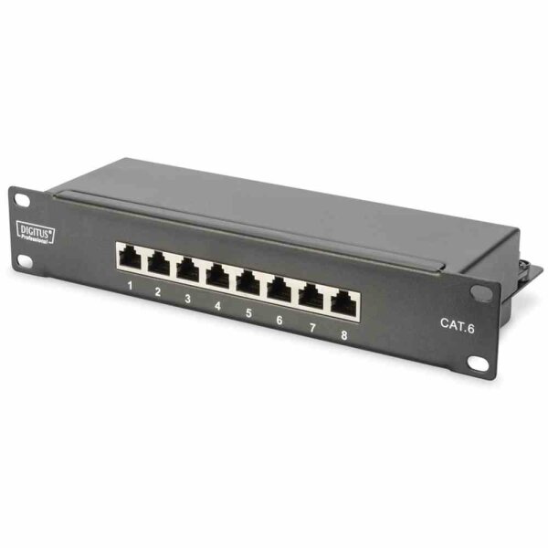 DIGITUS CAT 6, Klasse E Patch Panel, geschirmt 8-Port RJ45, 8P8C, LSA, 1HE, 254 mm(10")Rack Mount Farbe Schwarz RAL9005 – DN-91608S