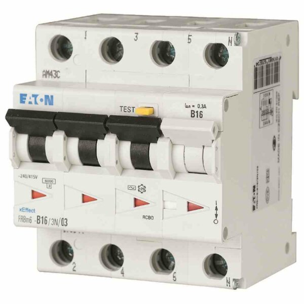 EATON FI/LS-Schutzschalter, 3p+N, B16, 0,03A, 415V, A, 6kA, 4TE, 3p/abgesichert – FRBM6-B16/3N/003-A