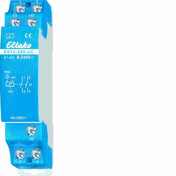 ELTAKO Stromstoßschalter, 8-230VAC/DC, 2S, 1TE, 16A, 250V, DIN-Schiene, T58mm, elektronisch Schalter – ES12-200-UC