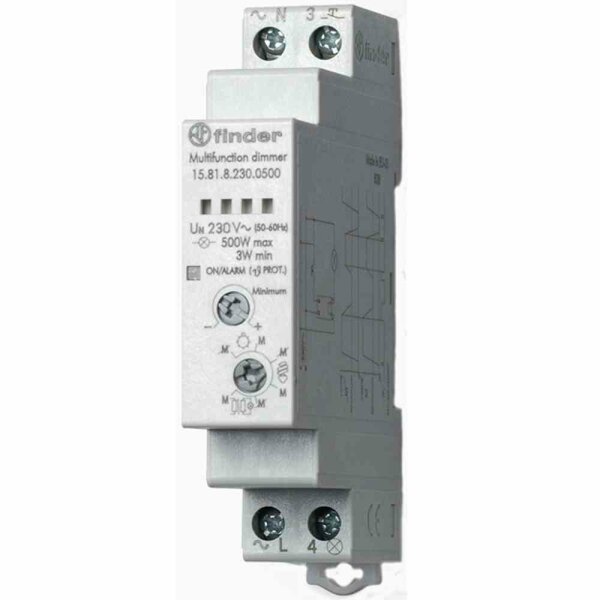 FINDER REG Dimmer, elektronisch, 300-500 W, 2 Funktionsweisen für 3 Lampenarten inklusive LED, Memoryfunktion, für 230 V AC – 158182300500