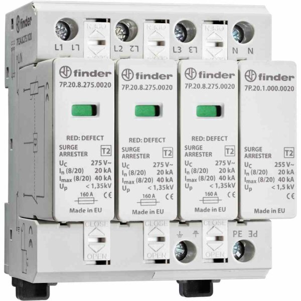 FINDER Überspannungsableiter,Netzform-TN-S/TT,230VAC,1,2kV, mit Fernmeldekontakt,4 TE, hutschiene TH35,20kA,optisch – 7P2482750020