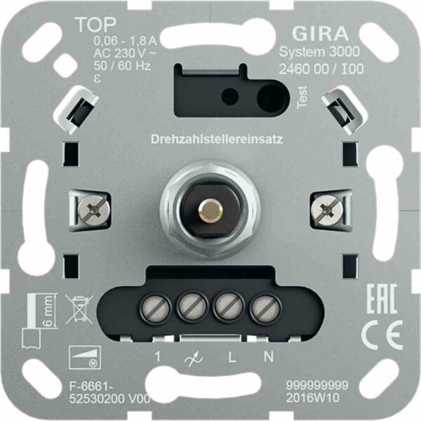 GIRA Drehzahlsteller, Unterputz, 1,8A, 230V, 1ph, Leistungsregelung stufenlos, ohneBeleuchtung – 246000