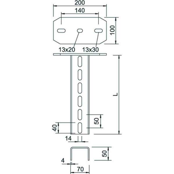 OBO BETTERMANN Hängestiel mit angeschweißter Kopfplatte 70x50x2000, St, FT U-Stiel, 2m, St, tfverz – US 7 K 200 FT