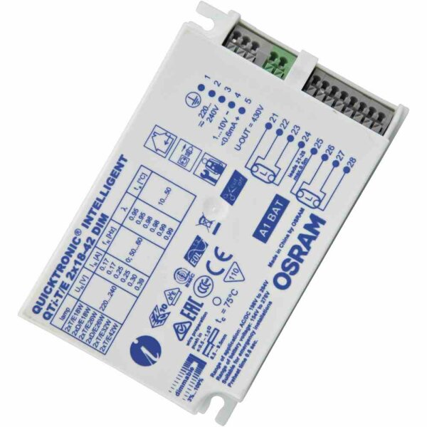 OSRAM QTi DIM CFL 2X18-42 DIM Vorschaltgerät, 2x18-42W, elektronisch, TC-DEL, TC-TEL, Multiwatt-Ausführung, 1-10V, 123x79mm – QTI-T/E 2X18-42/220-240 DIM UNV1