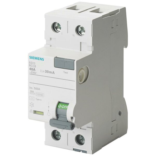 SIEMENS AG FI-Schutzschalter, A, 2p, 230V, 16A, 0,03A, 2TE, DIN-Schiene(REG), 10kA, 1kA/stoß – 5SV3311-6