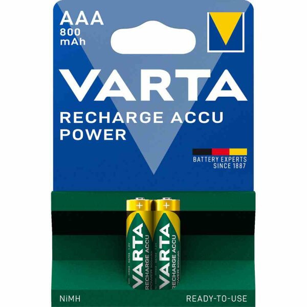 VARTA Ni-MH Accu 2 x Micro 0,8Ah, 1,2V, Ready2Use, (HR03), 2 Stück auf Blister – 56703