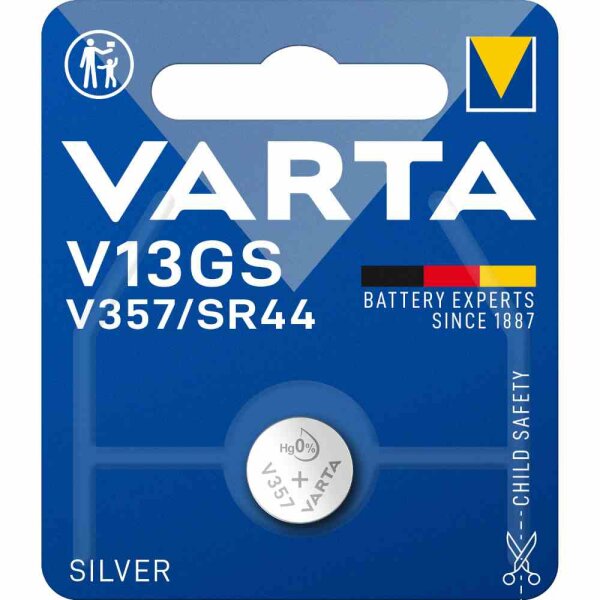 VARTA V13GS/357 Knopfzelle, 1,55V, SR44, Silberoxid, 155mAh, Ø11,6x5,4mm, ELECTRONICS, VE = 1er Blister – V13GS