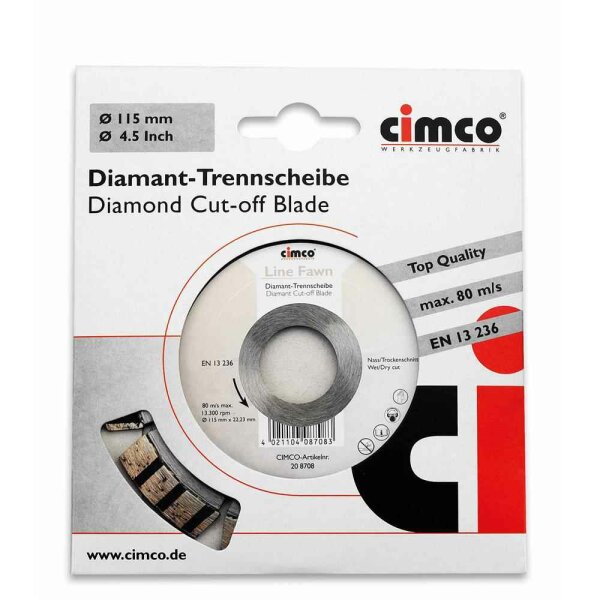 CIMCO Diamant-Trennscheibe, Ø115mm, geeignet für Backstein, geeignet für Beton, geeignet für Beton/Betonstein, geeignet für Hartgestein – 208708